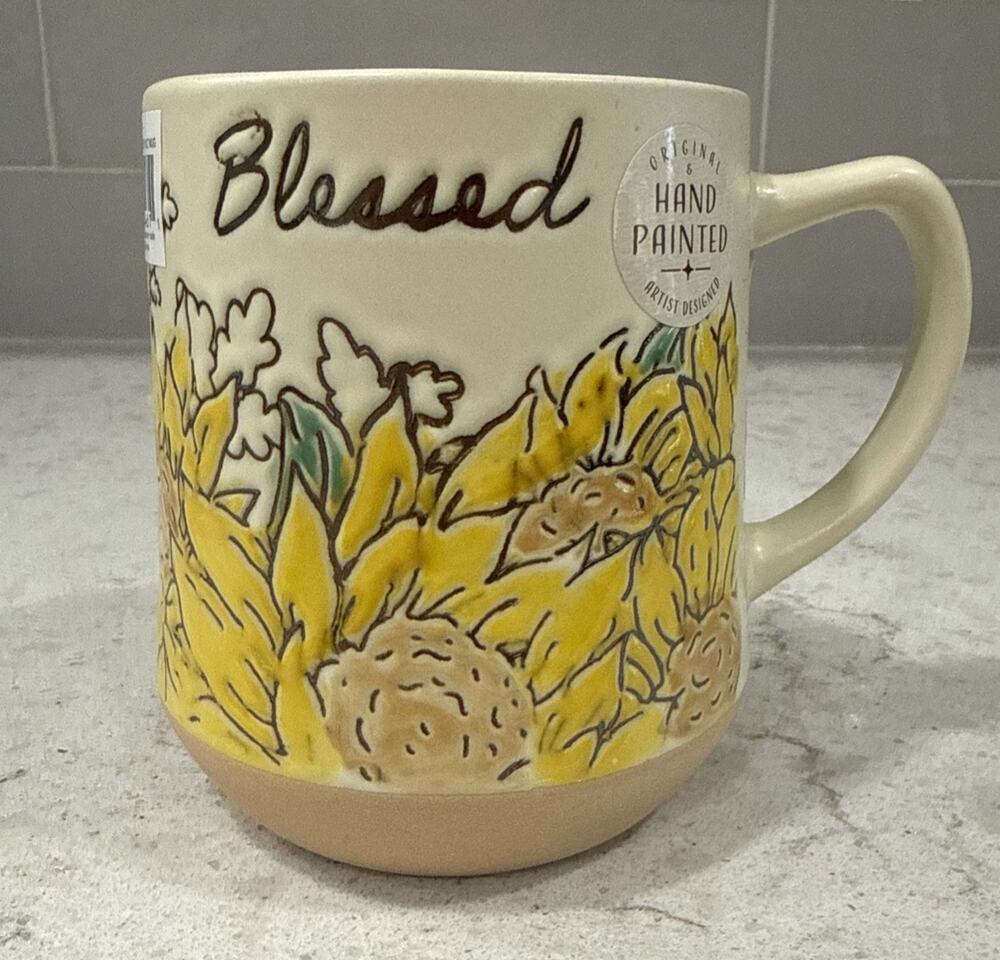 BLESSED Hand Painted Sunflowers Spectrum Designz 18oz Mug Verse Faith NEW